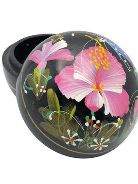 Hand-Painted Pink Black Wooden Trinket Box Sphere Floral Design 3" Diameter